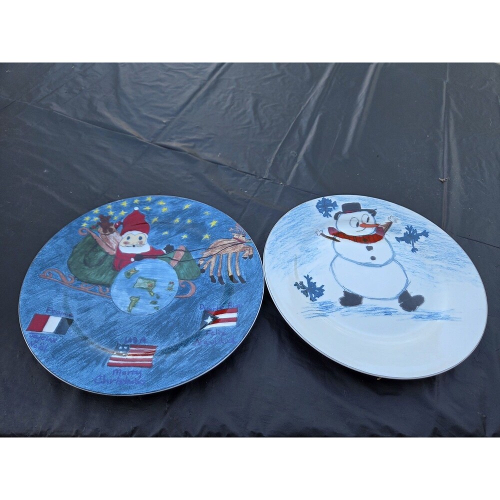 Christmas Village Kids Collection Dessert Plates Set of 2 Santa Snowman Vintage